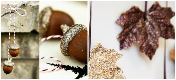 Eikels en bladeren versierd met glitter.